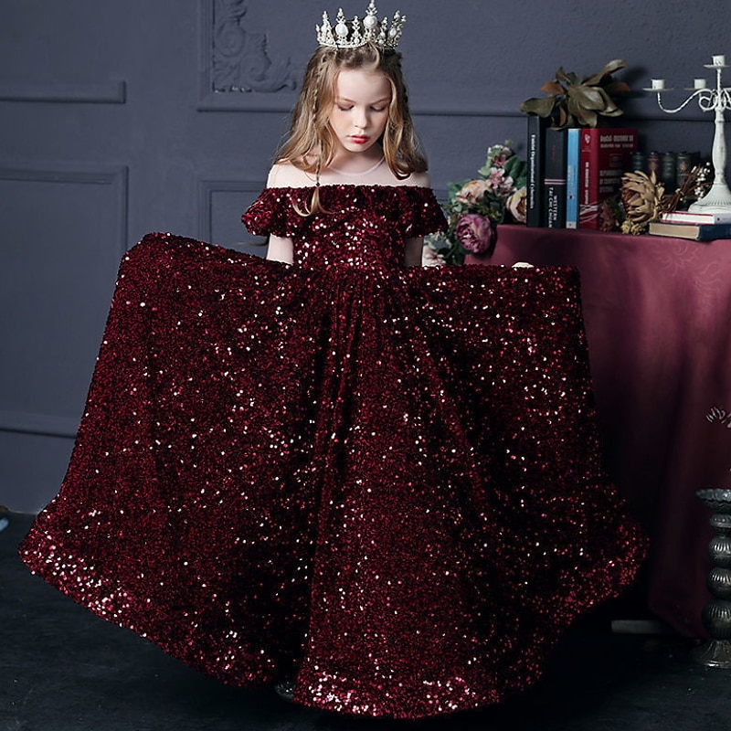 Kids Girls' Dress Solid Colored Short Sleeve Party Birthday Ruched Mesh Cute Princess Polyester Maxi A Line Dress Tulle Dress Fall Winter 3-12 Years Silver Black Red