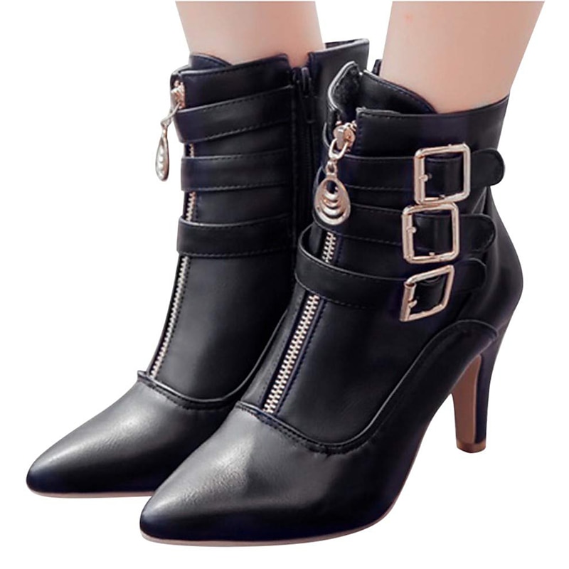 Women's Fashion High Heel Ankle Boots with Buckles and Zipper – Stylish Faux Leather Stiletto Boots for Fall and Winter