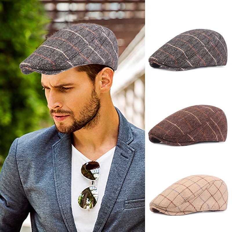 Men's Flat Cap Tweed Cap Brown Beige Cotton Streetwear Stylish 1920s Fashion Outdoor Daily Going out Stripe Warm2