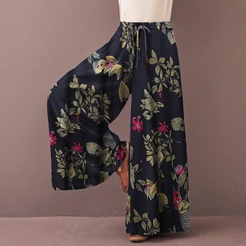 Women's Normal Culottes Wide Leg Wide Leg Pants Trousers Fashion Full Length Mid Waist Flower / Floral Side Pockets Baggy High Cut Comfort Inelastic Casual Weekend Yellow Red Deep Blue Summer Spring4