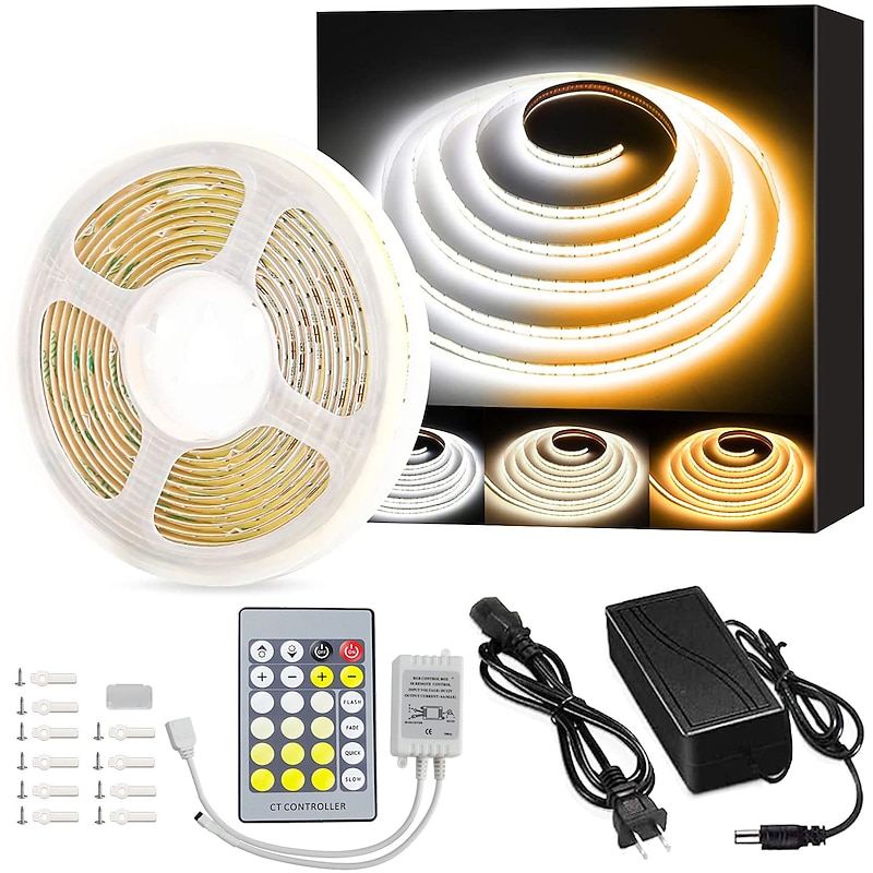 16.4ft Cob Flexbile Neon LED Strip Light Waterproof IR24 Key Controller with 24V Adapter Warm Cold White for Cabinet Bedroom Kitchen TV Mirror2
