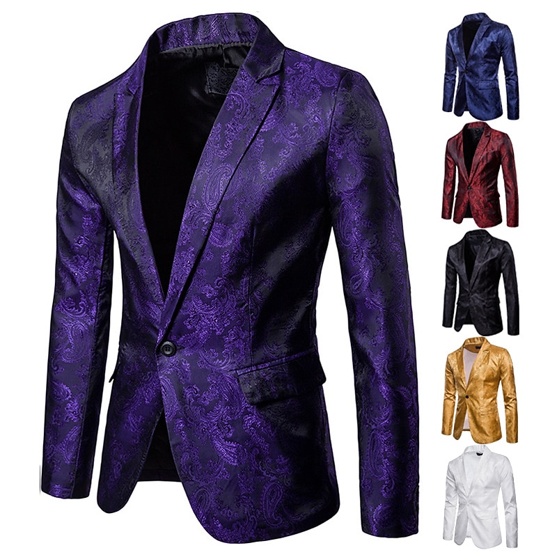 Men's Jacket Blazer Wedding Party Thermal Warm Pocket Jacquard Winter Floral Streetwear Elegant Peaked Lapel Regular Cotton Black Yellow Red Navy Blue Purple Jacket2