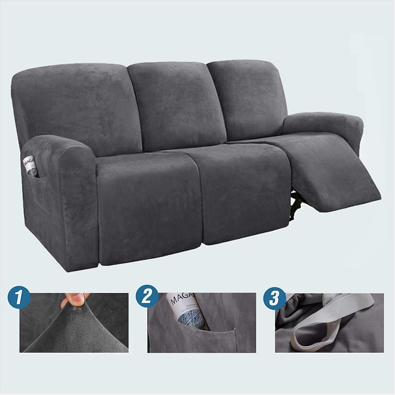 3 Seaters Sectional Recliner Covers Slipcover 1 Set of 8 Pieces Microfiber Stretch High Elastic Burgundy Red High Quality Velvet Sofa Cover for 3 Seats Cushion Recliner Sofa Furniture Protector3