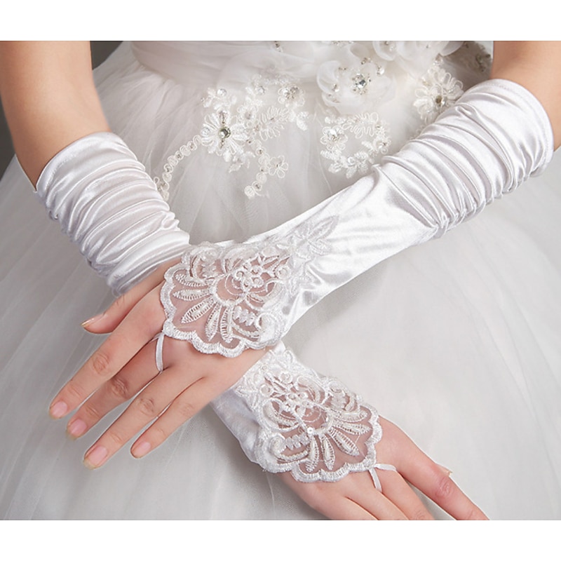 Lace / Satin Elbow Length Glove Cute With Faux Pearl / Floral Wedding / Party Glove4