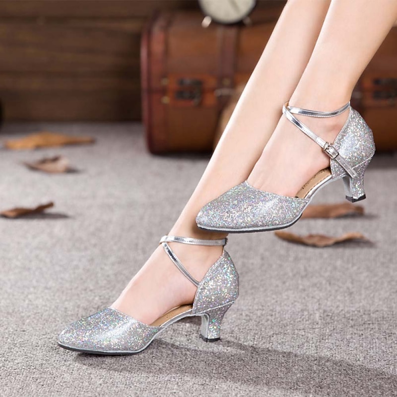 Women's Silver Glitter Ballroom Dance Shoes with Ankle Strap – Sparkly Mid-Heel Latin Salsa Party Shoes for Weddings & Special Occasions