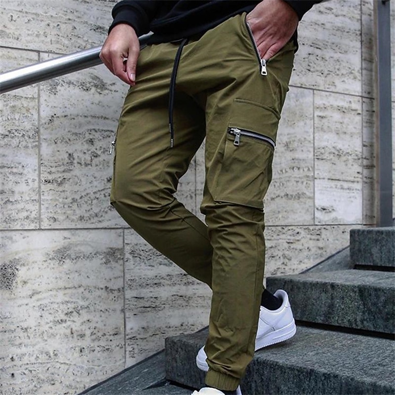 Men's Cargo Pants Trousers Elastic Waist Classic Zipper Pocket Plain Comfort Soft Full Length Daily Sports Stylish ArmyGreen Black Micro-elastic4