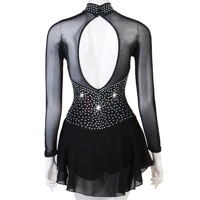 Figure Skating Dress Women's Girls' Ice Skating Dress Outfits Black Open Back Patchwork Mesh Spandex High Elasticity Practice Professional Competition Skating Wear Handmade Crystal / Rhinestone4