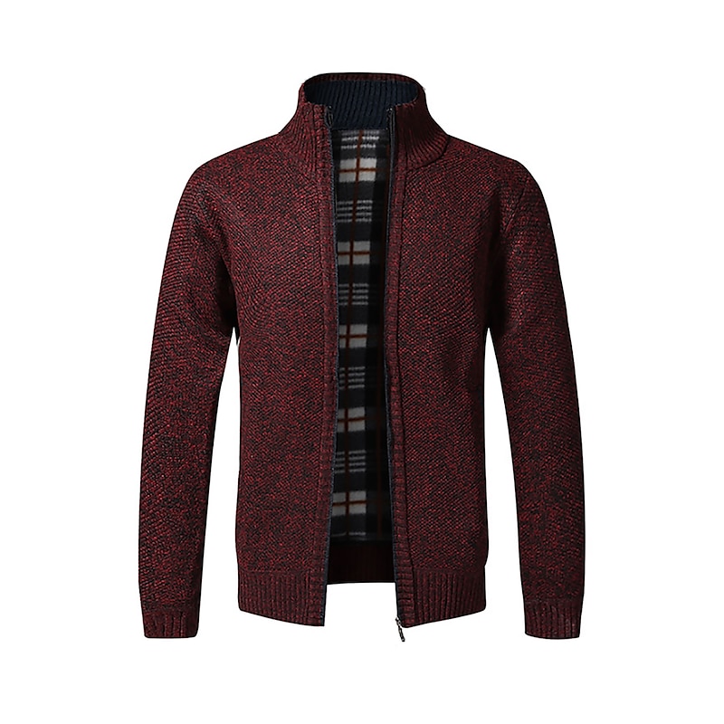 Men's Sweater Cardigan Sweater Zip Sweater Sweater Jacket Fleece Sweater Ribbed Knit Zipper Solid Color Stand Collar Casual Daily Clothing Apparel Fall Winter Black Wine S M L2