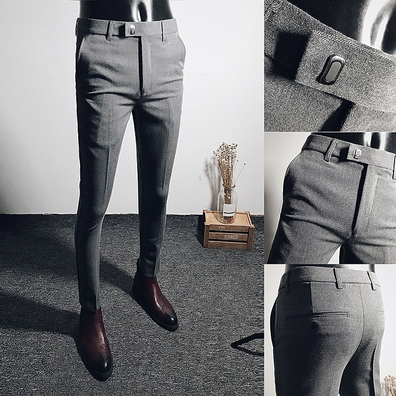 Men's Dress Pants Skinny Trousers Pencil Pants Pocket Plain Breathable Stretch Ankle-Length Wedding Office Business Cotton Chic & Modern Casual Skinny Black Grey Stretchy4