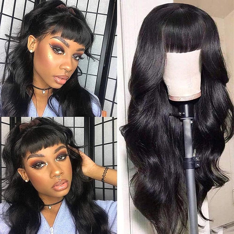 Human Hair Wig Long Body Wave With Bangs Natural Party Best Quality New Arrival Capless Brazilian Hair Women's Natural Black #1B 12 inch 14 inch 16 inch Daily Thanksgiving New Year