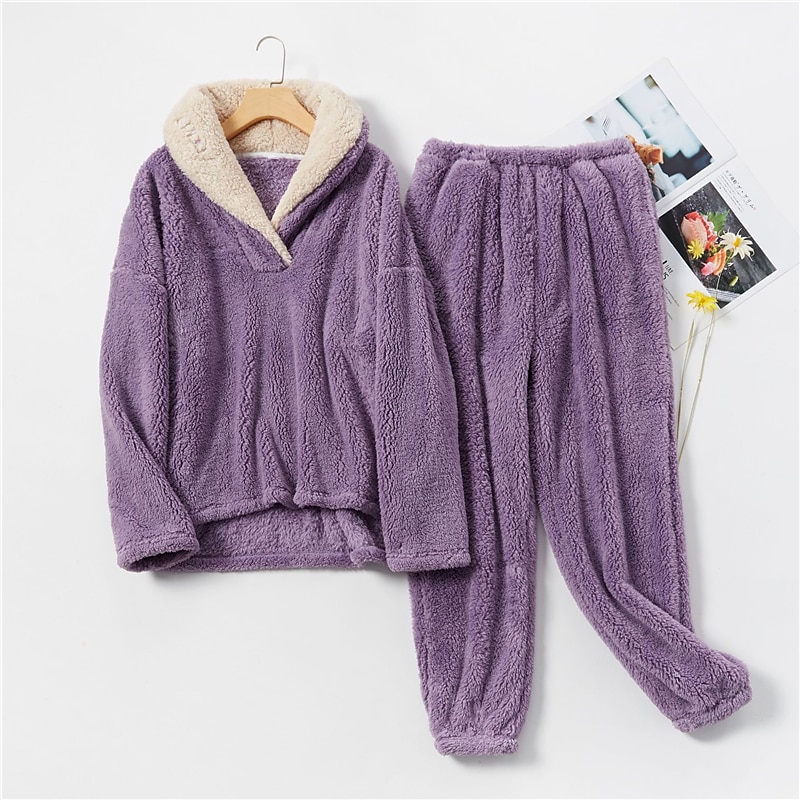 Women's Pajamas Pjs Sets 2 Pieces Pure Color Fashion Plush Comfort Home Vacation Fleece V Wire Long Sleeve Pullover Pant Elastic Waist Fall Winter Home Outfits4