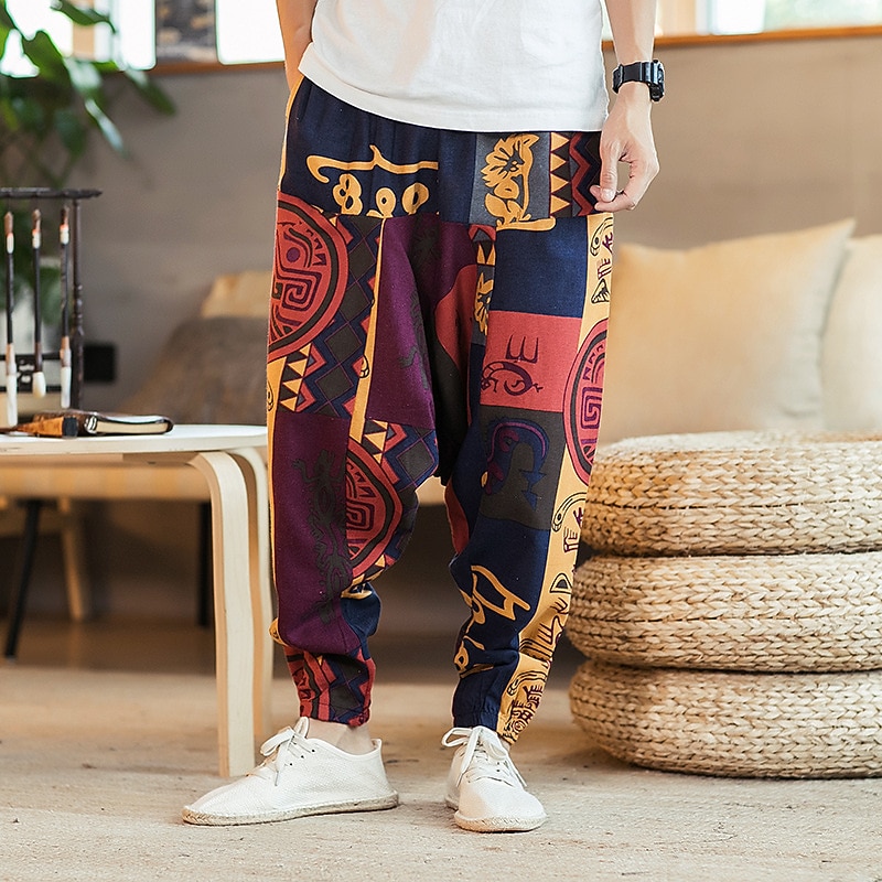 Men's Linen Pants Trousers Summer Pants Beach Pants Elastic Waist Drop Crotch Geometric Party Daily Hip-Hop Boho Loose Fit White Yellow4