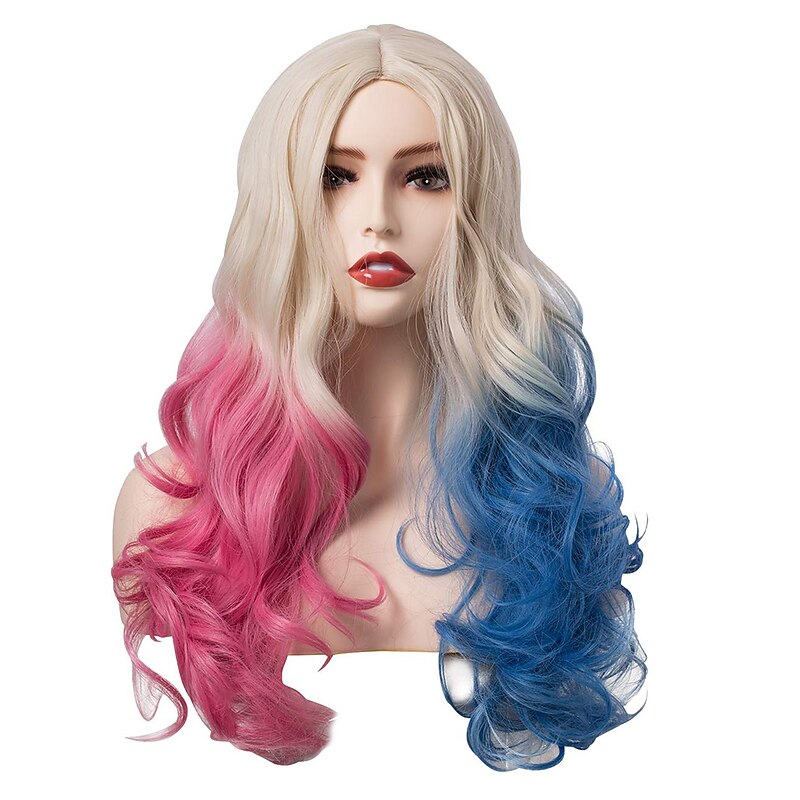 Harley Quinn  Long Wavy Wig Blonde Pink Blue Ombre Wigs for Women Cosplay Party Halloween Wigs3