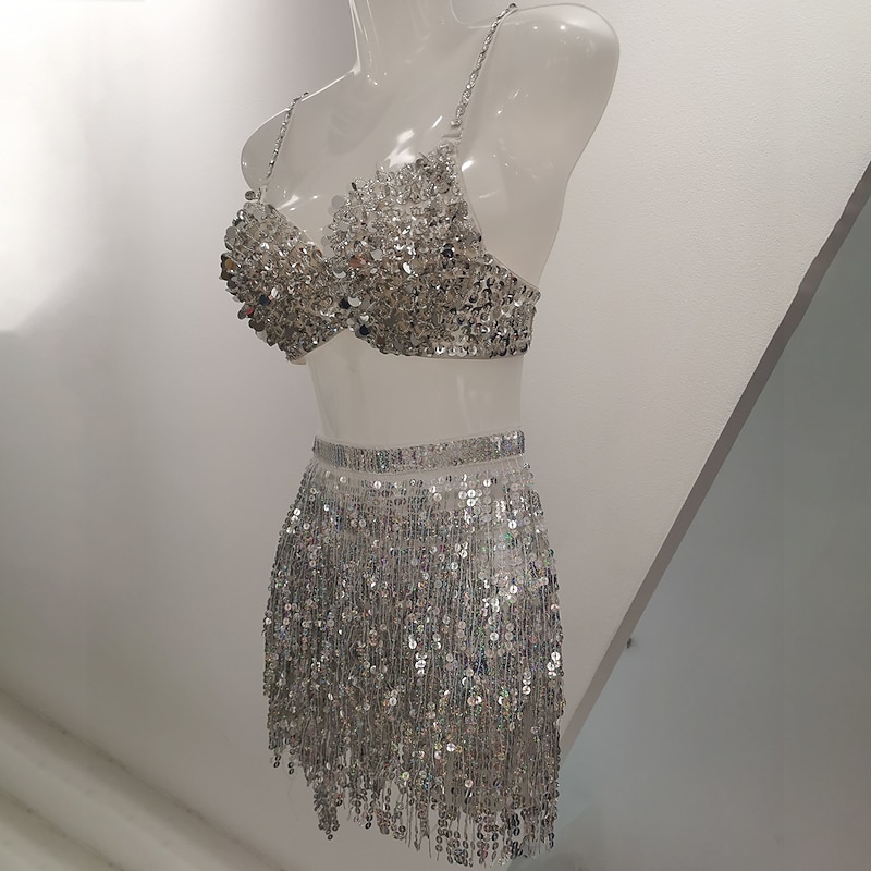 Exotic Belly  Exotic Dancewear Skirts Tassel Solid Splicing Women's Sxey Training Performance Sleeveless High Sequined2