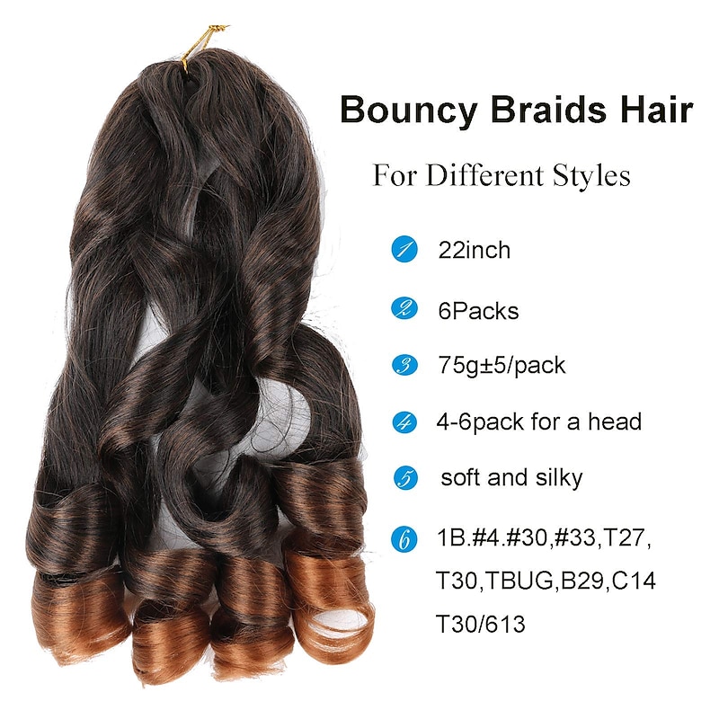 6 Pack Pre Stretched Bouncy Braiding Hair 22 Inch Loose Wavy Braiding Hair Pre Streched 75/Pack French Curls Synthetic Hair Extensions T30 22inch 6packs For Daily Party2