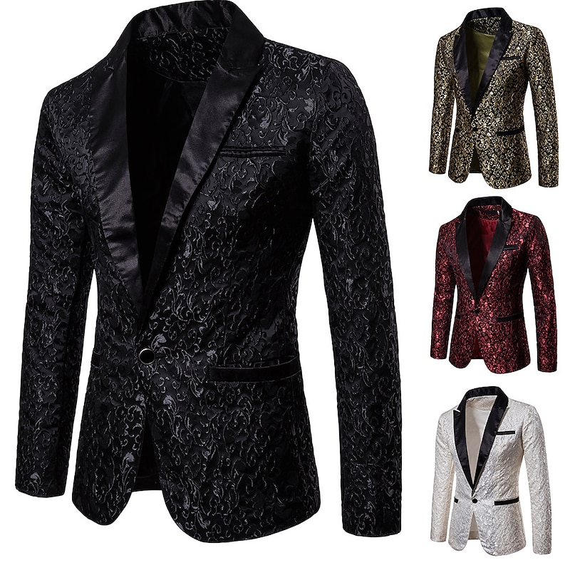 Men's Jacket Blazer Street Business Thermal Warm Breathable Pocket Jacquard Fall Winter Floral Streetwear Elegant Peaked Lapel Regular Cotton Regular Fit Black White Red Gold Jacket4