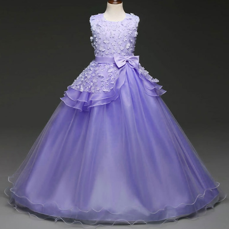 Kids Girls' Flower Girl Dress Dress Solid Colored Sleeveless Performance Wedding Party Lace Ruched Mesh Cute Princess Polyester Maxi A Line Dress Tulle Dress Flower Girl's Dress Spring Fall 4-13 Years2