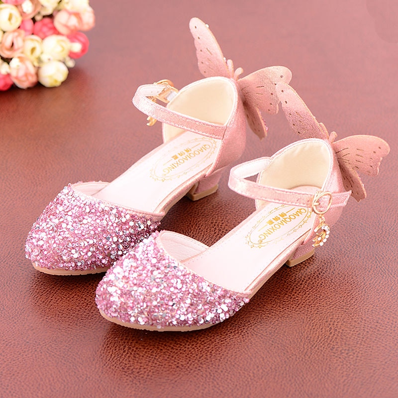 Girls' Pink Glitter Princess Shoes – Sparkly Butterfly Dress Shoes with Ankle Strap for Parties, Weddings & Special Occasions