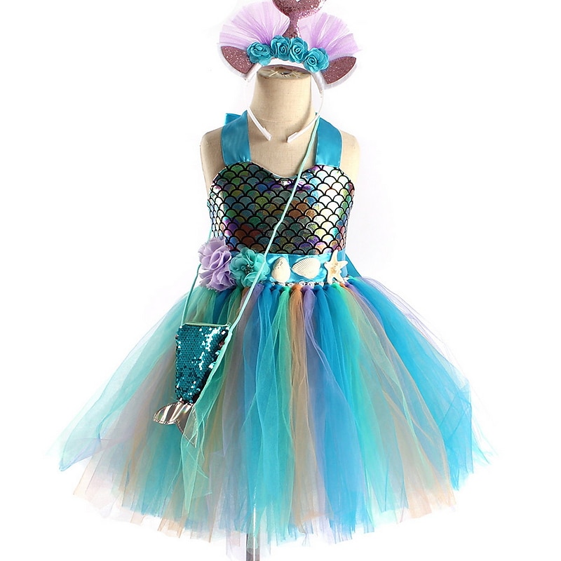 Kids Girls' Dress Mermaid colour Sleeveless Performance Birthday Ruched Mesh Cute Costume Polyester Above Knee Strap Dress A Line Dress Tulle Dress Summer Fall 3-10 Years White Royal Blue Blue3