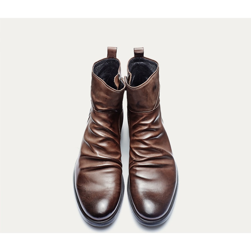 Men's Brown Faux Leather Ankle Boots with Embossed Crest, Classic Vintage Style for Formal and Casual Occasions3