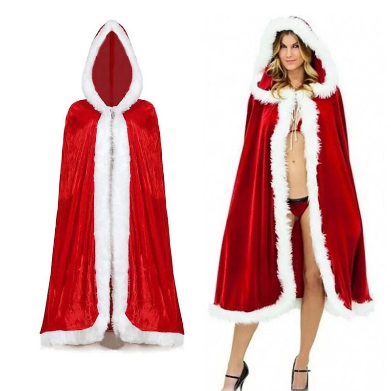 Christmas Red Velvet Hooded Cape Cloak Sexy Santa Cosplay Christmas Costumes Women Carnival Party Clubwear Winter Warm Robe Coat