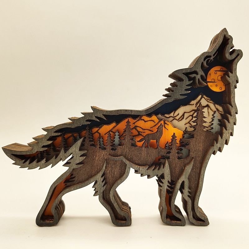 Wooden Animal Wolf Statue Creativity Wolf Totem Office Home Decorate Crafts North Forest Elk Brown Bear Ornaments2