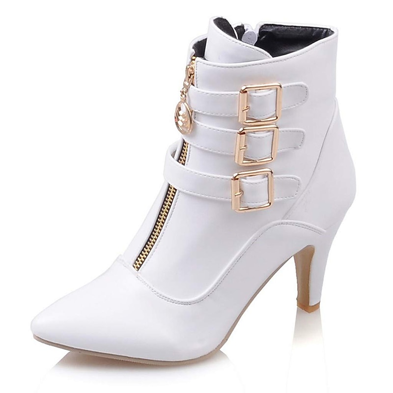 Women's Fashion High Heel Ankle Boots with Buckles and Zipper – Stylish Faux Leather Stiletto Boots for Fall and Winter3