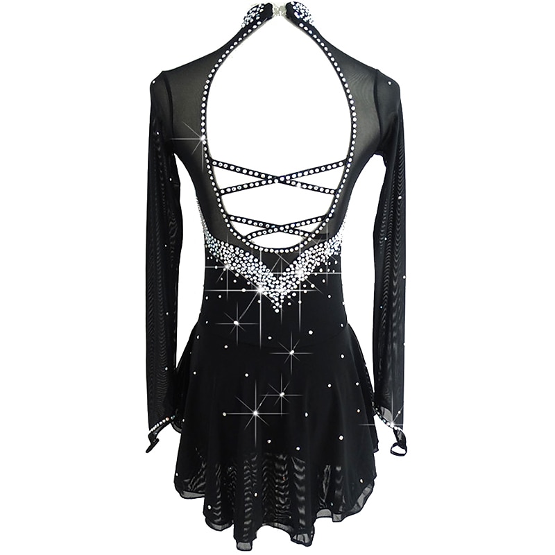 Figure Skating Dress Women's Girls' Ice Skating Dress Outfits Black Open Back Mesh Spandex Stretchy Practice Professional Competition Skating Wear Handmade Classic Crystal / Rhinestone Ice Skating3