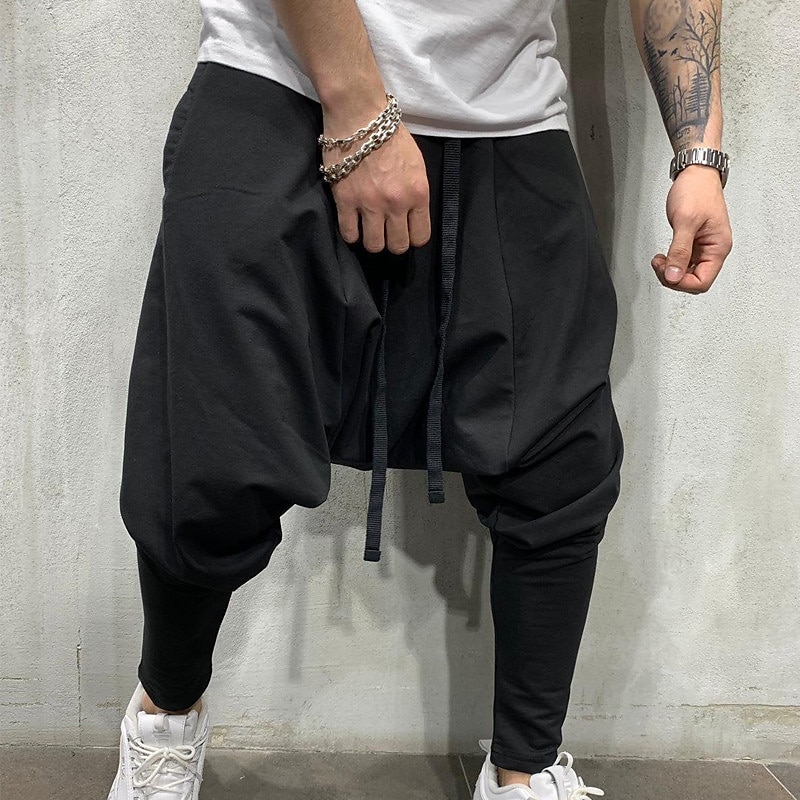 Men's Harem Joggers Trousers Casual Pants Drawstring Elastic Waist Baggy Solid Color Breathable Lightweight Full Length Casual Daily Streetwear Casual Hip-Hop Black White Micro-elastic