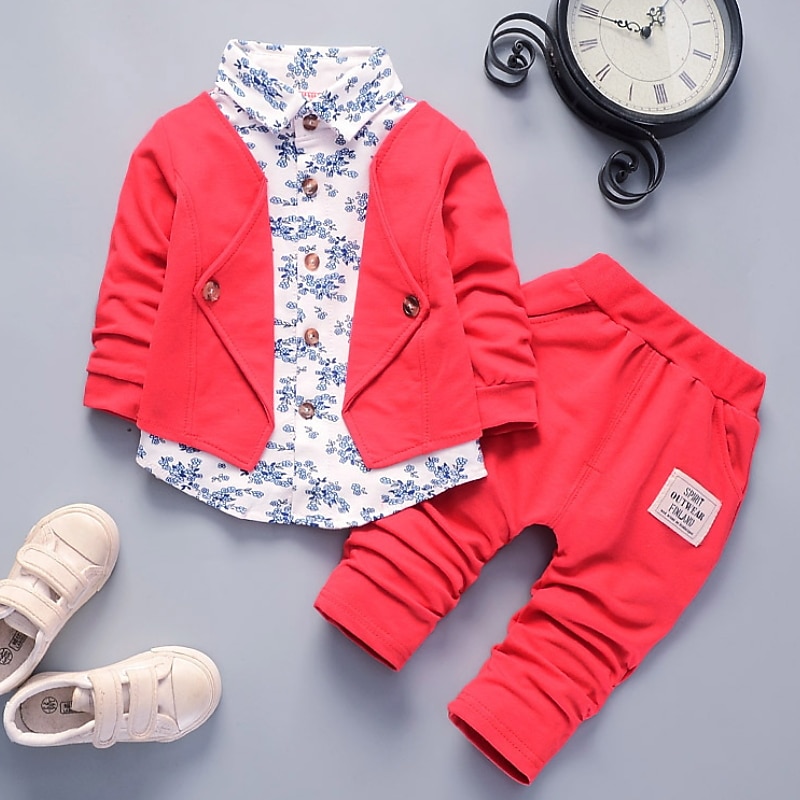 2 Pieces Ring Bearer Suit Boys Kids Suit Formal Suit Clothing Set Outdoor Indoor Active Vintage Daily Floral Graphic Print Print Red Navy Blue Gray Cotton3