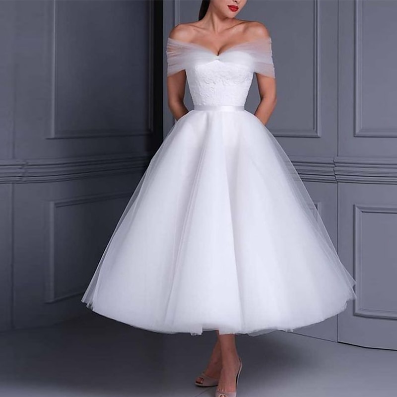 Reception Little White Dress Bridal Shower Dresses Wedding Dresses Ball Gown Off Shoulder Cap Sleeve Tea Length Lace Bridal Gowns With Pleats Appliques