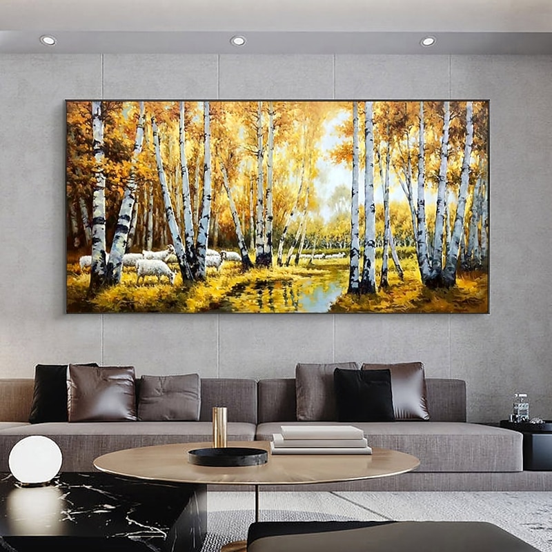 Handmade Oil Painting Canvas Wall Art Decoration Abstract Landscape  Painting Autumn Birch Forest for Home Decor Rolled Frameless Unstretched Painting2