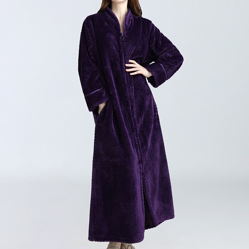 Women's Fleece Robes Fluffy Fuzzy Warm Pajama Gown Bathrobes Nighty 1 PCS Pure Color Plush Simple Comfort Home Daily Bed Coral Velvet Warm Breathable V Wire Long Sleeve Basic Fall Winter Home Outfits2