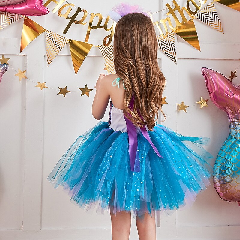 Kids Girls' Dress Mermaid colour Sleeveless Performance Birthday Ruched Mesh Cute Costume Polyester Above Knee Strap Dress A Line Dress Tulle Dress Summer Fall 3-10 Years White Royal Blue Blue2