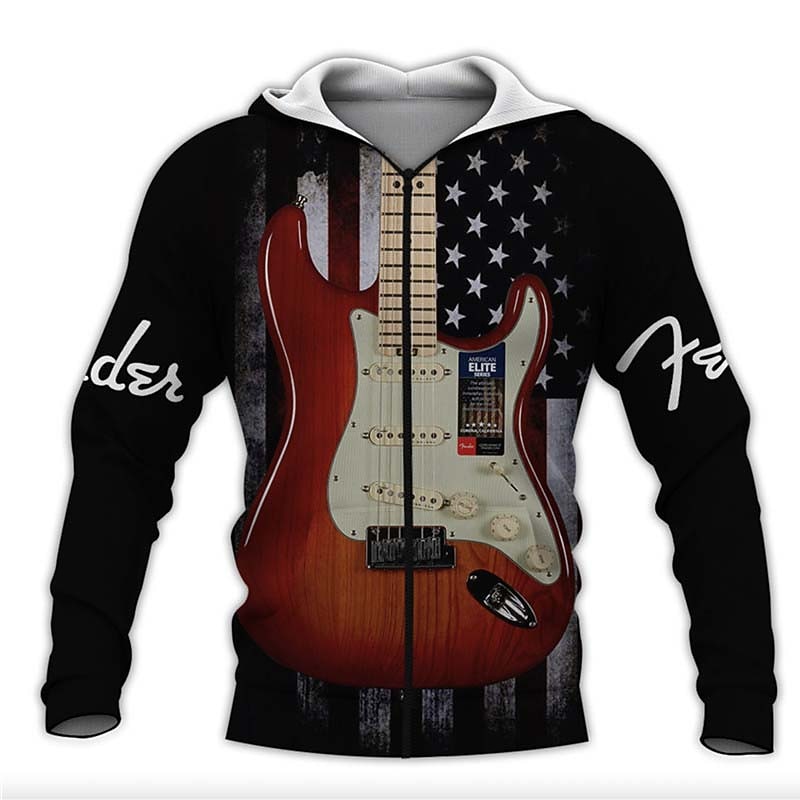 Music Festival Men's Graphic Prints Guitar Hoodie Hoodies Sweatshirt Sportswear Casual Long Sleeve Hooded Casual Daily Sports Black Zipper Print Spring &  Fall Designer