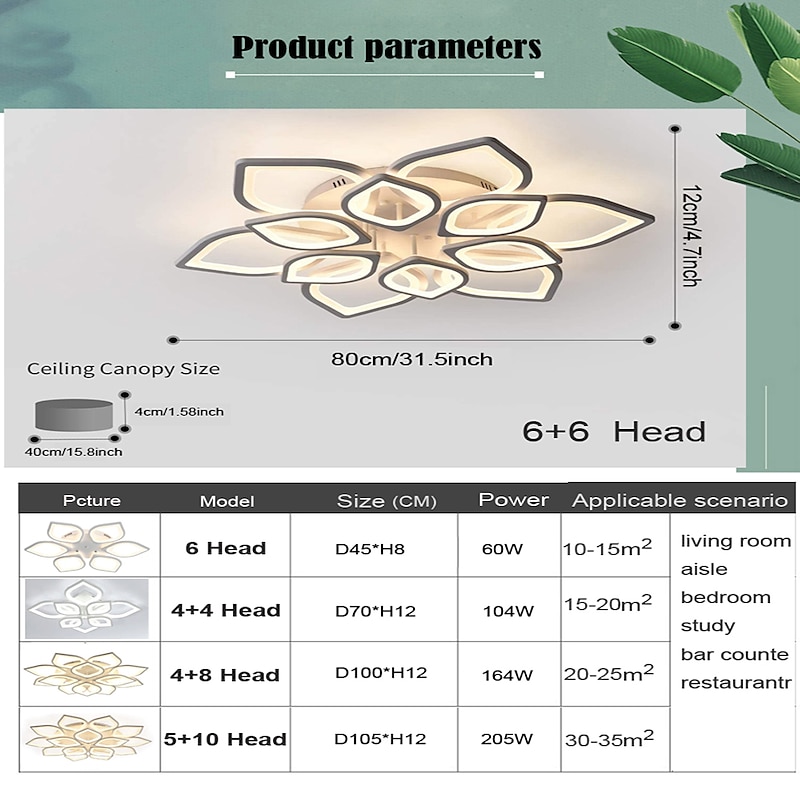 6/8/12/15 Heads LED Ceiling Light Lotus Design  Ceiling Lamp Modern Artistic Metal Acrylic Style Stepless Dimming Bedroom Painted Finish Lights 110-240V ONLY DIMMABLE WITH REMOTE CONTROL Flower Design2