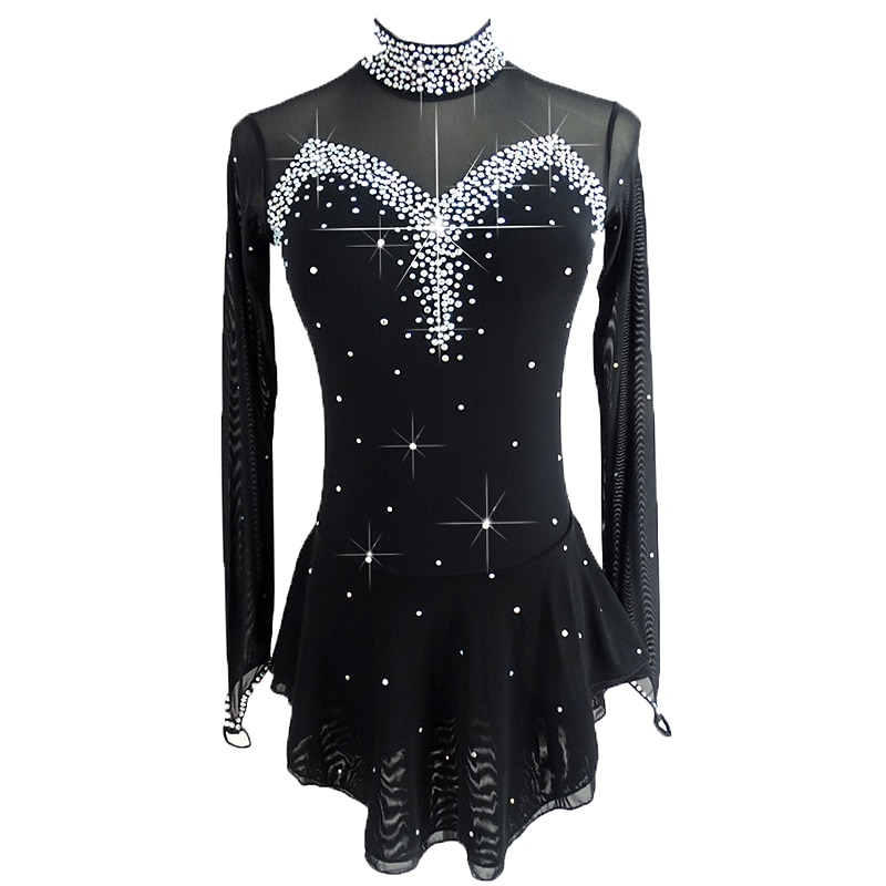 Figure Skating Dress Women's Girls' Ice Skating Dress Outfits Black Open Back Mesh Spandex Stretchy Practice Professional Competition Skating Wear Handmade Classic Crystal / Rhinestone Ice Skating