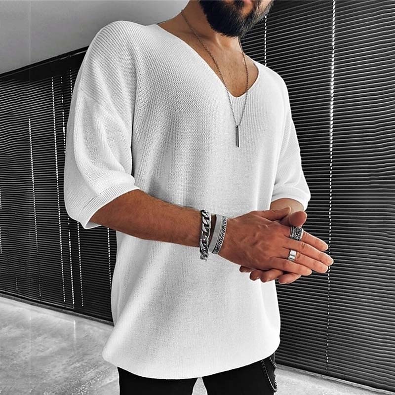 Men's T Shirt Knit Tee Long Sleeve Shirt Half Sleeve V Neck Spring & Summer Plain Fashion Lightweight Classic Vacation Casual Holiday Black White Brown Top Tee for Men2