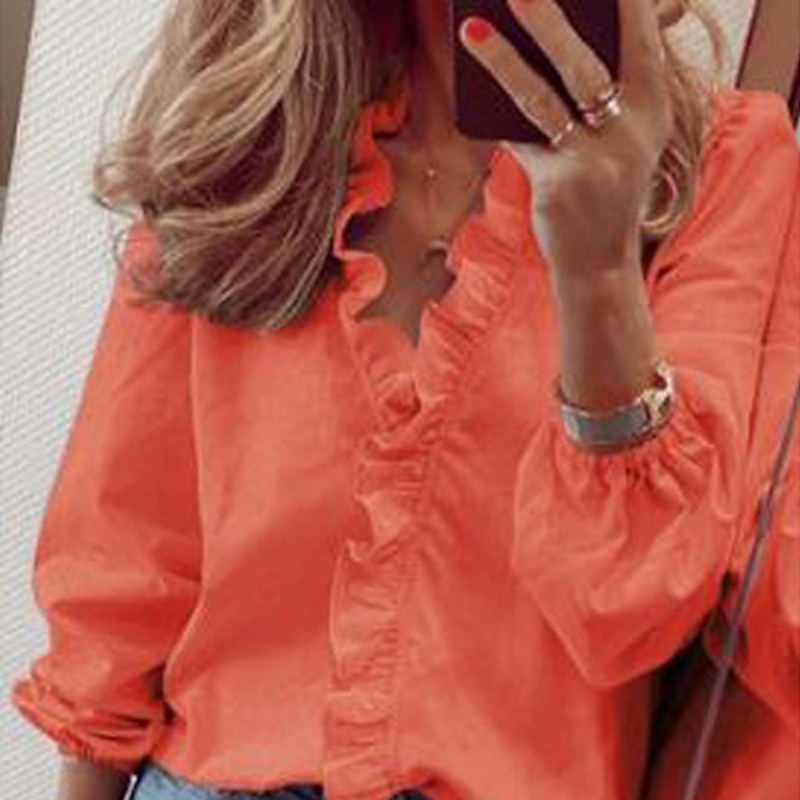 Women's Shirt Blouse White Orange Green Graphic Floral Ruffle Lace Trims Long Sleeve Casual Daily Basic Elegant V Neck Floral S3