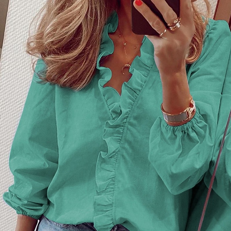 Women's Shirt Blouse White Orange Green Graphic Floral Ruffle Lace Trims Long Sleeve Casual Daily Basic Elegant V Neck Floral S2