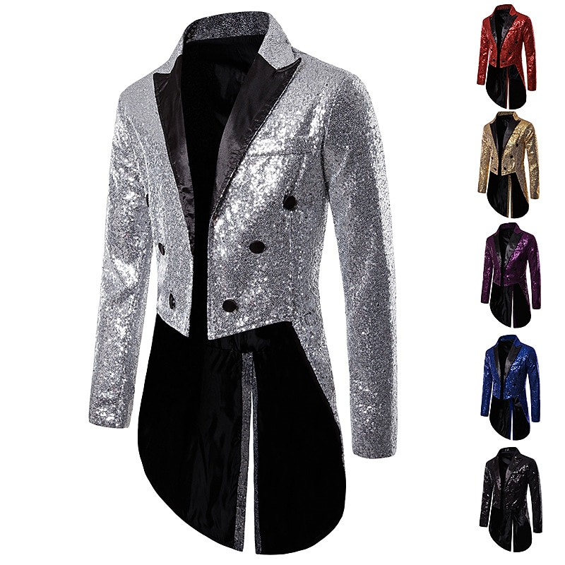 Men's Blazer Tuxedo Cocktail Party Festival Thermal Warm Breathable Sequins Pocket Summer Spring Autumn Solid Color Streetwear Casual Peaked Lapel Regular Regular Fit Silver Black Red Navy Blue Purple2
