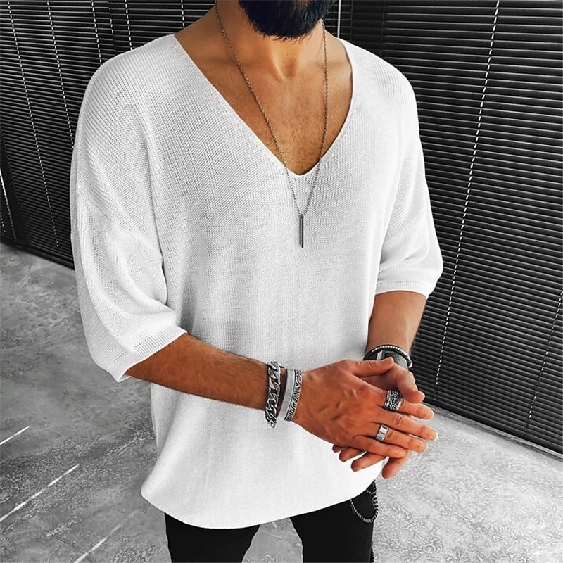 Men's T Shirt Knit Tee Long Sleeve Shirt Half Sleeve V Neck Spring & Summer Plain Fashion Lightweight Classic Vacation Casual Holiday Black White Brown Top Tee for Men