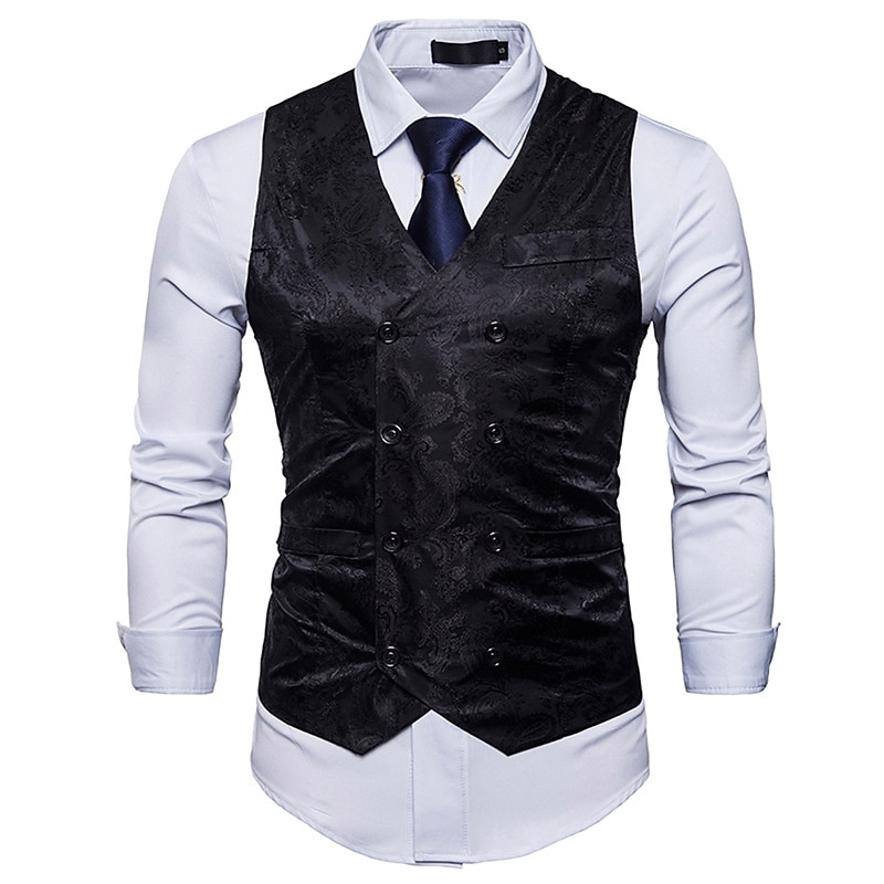 Men's Vest Waistcoat Formal Wedding Party Stage Smart Casual Polyester Geometric V Neck Regular Fit Black White Yellow Blue Vest4