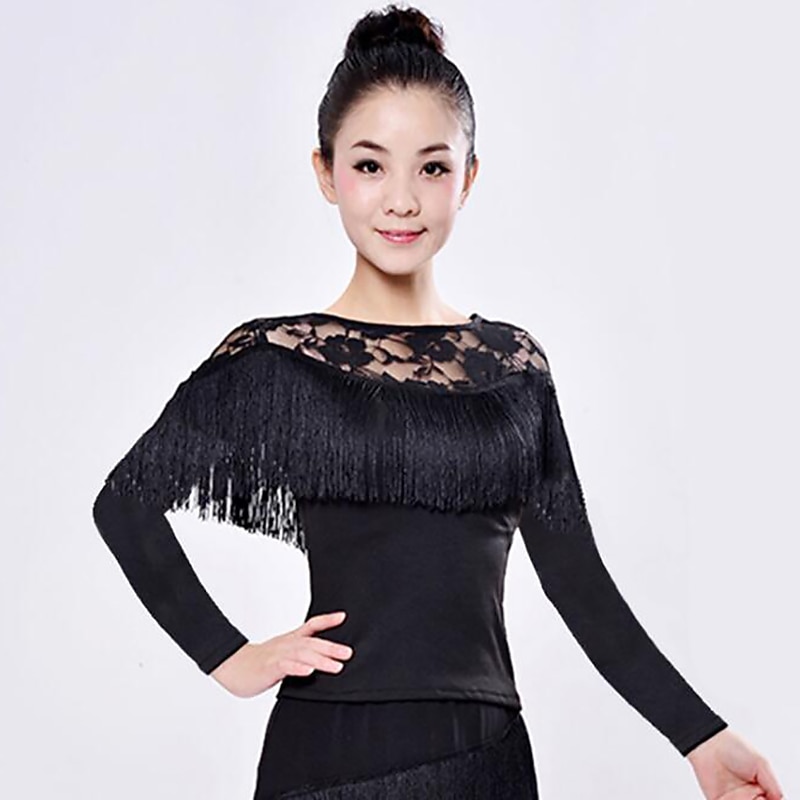 Activewear Latin Salsa Dance Top Lace Tassel Solid Women's Training Performance Long Sleeve High Spandex3