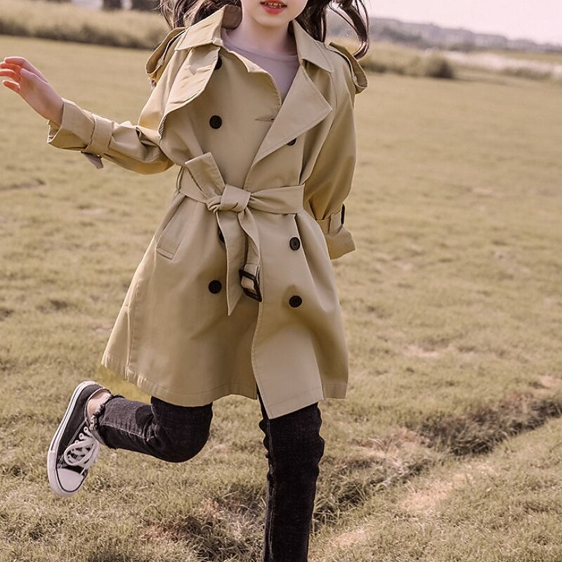 Kids Girls' Trench Coat Coat Long Sleeve Khaki Plain Lace up Fall Spring Adorable School 4-12 Years / Cute2