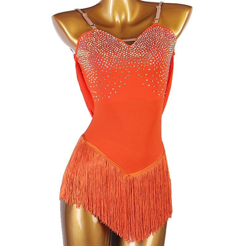 Figure Skating Dress Women's Girls' Ice Skating Dress Outfits Orange Patchwork Tassel Mesh Spandex High Elasticity Training Practice Professional Skating Wear Handmade Classic Crystal / Rhinestone