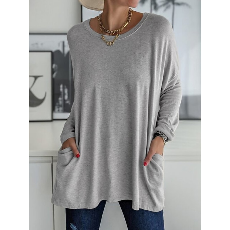 Women's T Shirt Plain Fashion Long Sleeve Round Neck Regular Tops Daily Weekend Pocket Black White Pink Khaki Gray Spring &  Fall Spring, Fall, Winter, Summer4