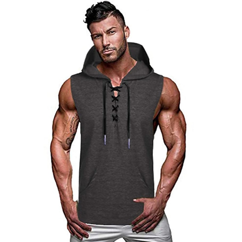 Men's Running Tank Top Workout Tank Pocket Hooded Sleeveless Hoodie Cotton Comfort Breathable Moisture Wicking Fitness Gym Workout Exercise & Fitness Sportswear Activewear ArmyGreen Black Gray2