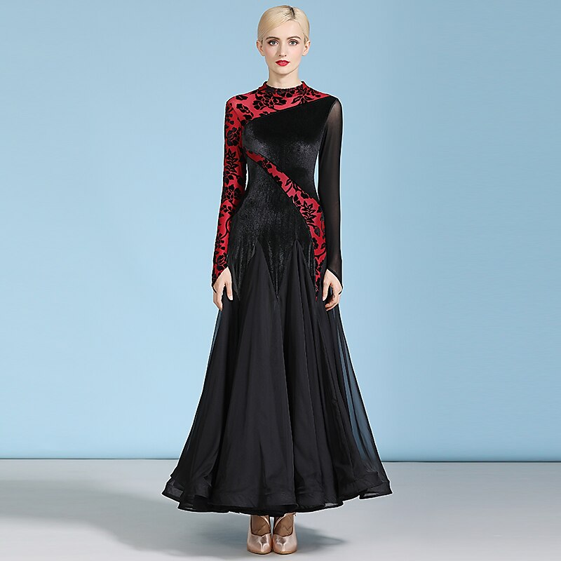 Ballroom Dance Dress Splicing Women's Training Performance Long Sleeve High Chiffon Tulle Velvet2