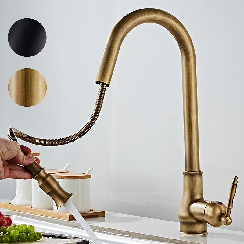 Kitchen Sink Mixer Faucet with Pull Out Spray, 360 Swivel Pull Down Vessel Taps Antique Brass/Black Deck Mounted, Antique Single Handle One Hole Kitchen Taps3